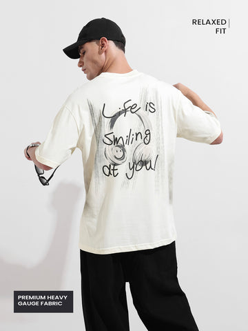 Men's Cream Relaxed Fit Graphic Printed 240 GSM Street Wear T-Shirt