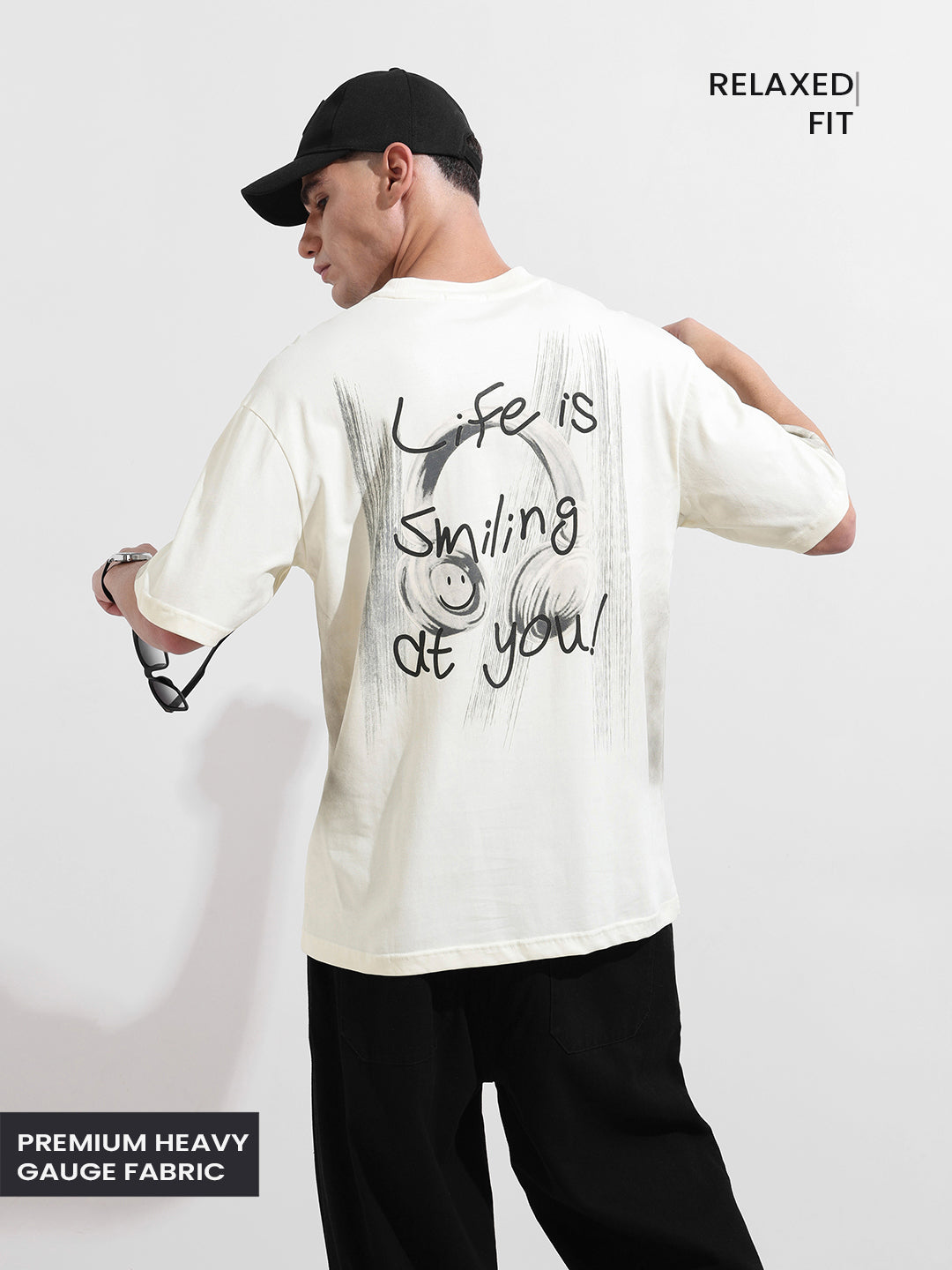 Men's Cream Relaxed Fit Graphic Street Wear T-Shirt