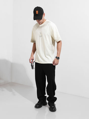 Men's Cream Relaxed Fit Graphic Street Wear T-Shirt