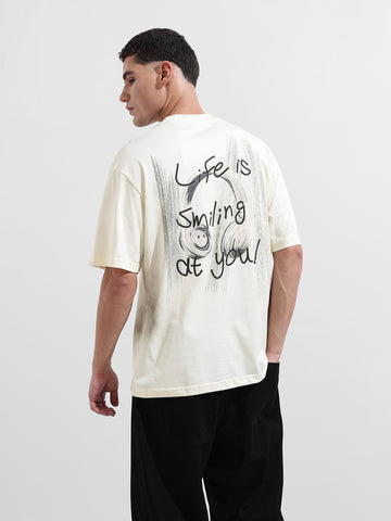 Men's Cream Relaxed Fit Graphic Street Wear T-Shirt