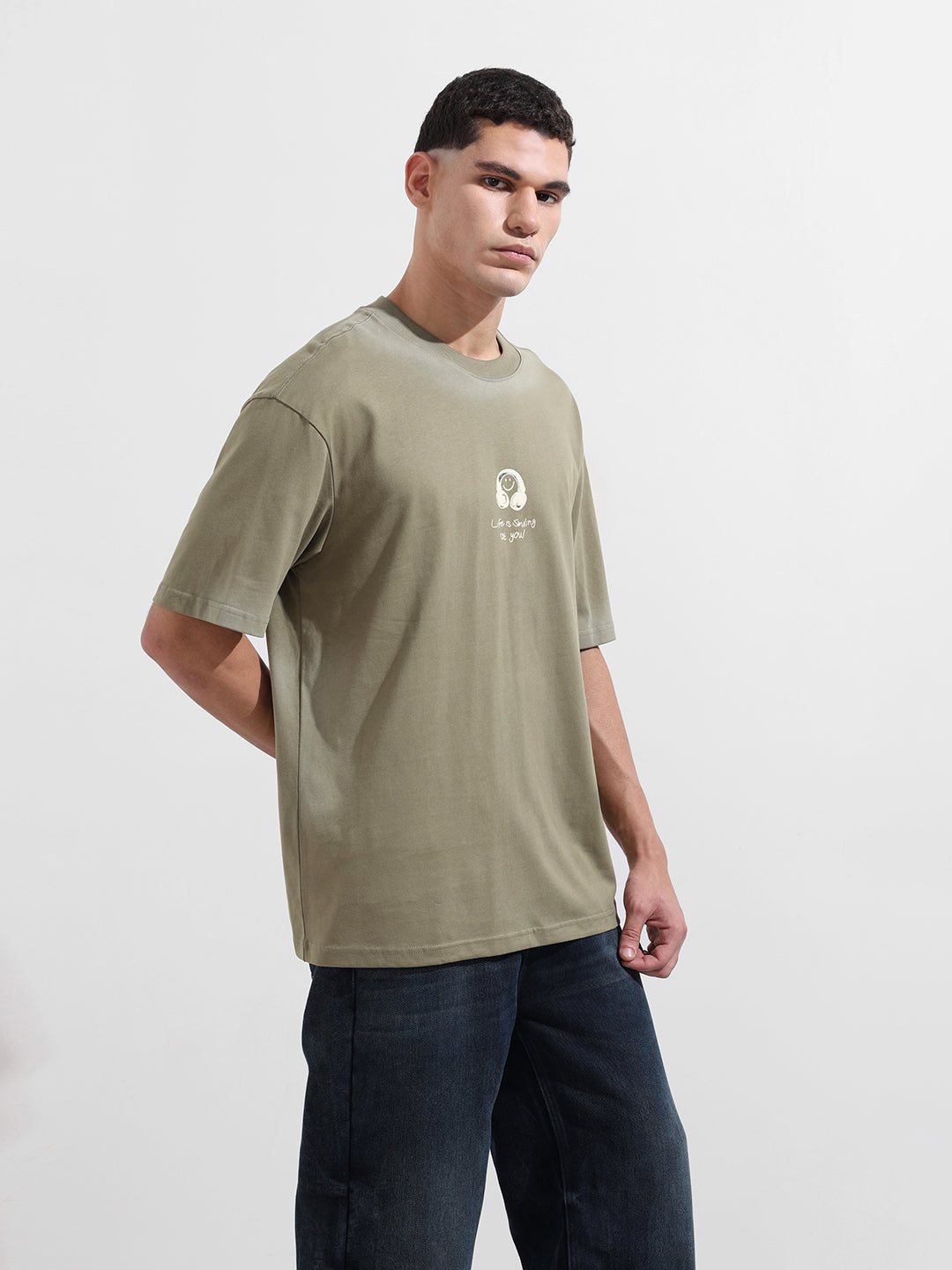 Men's Green Relaxed Fit Graphic Street Wear T-Shirt