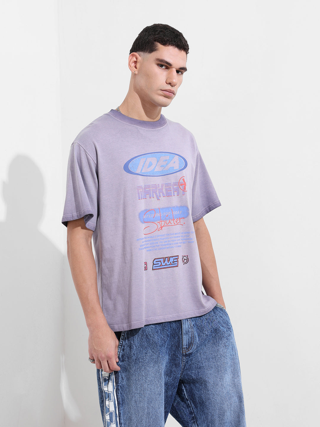 Men's Purple Relaxed Fit Graphic Street Wear T-Shirt