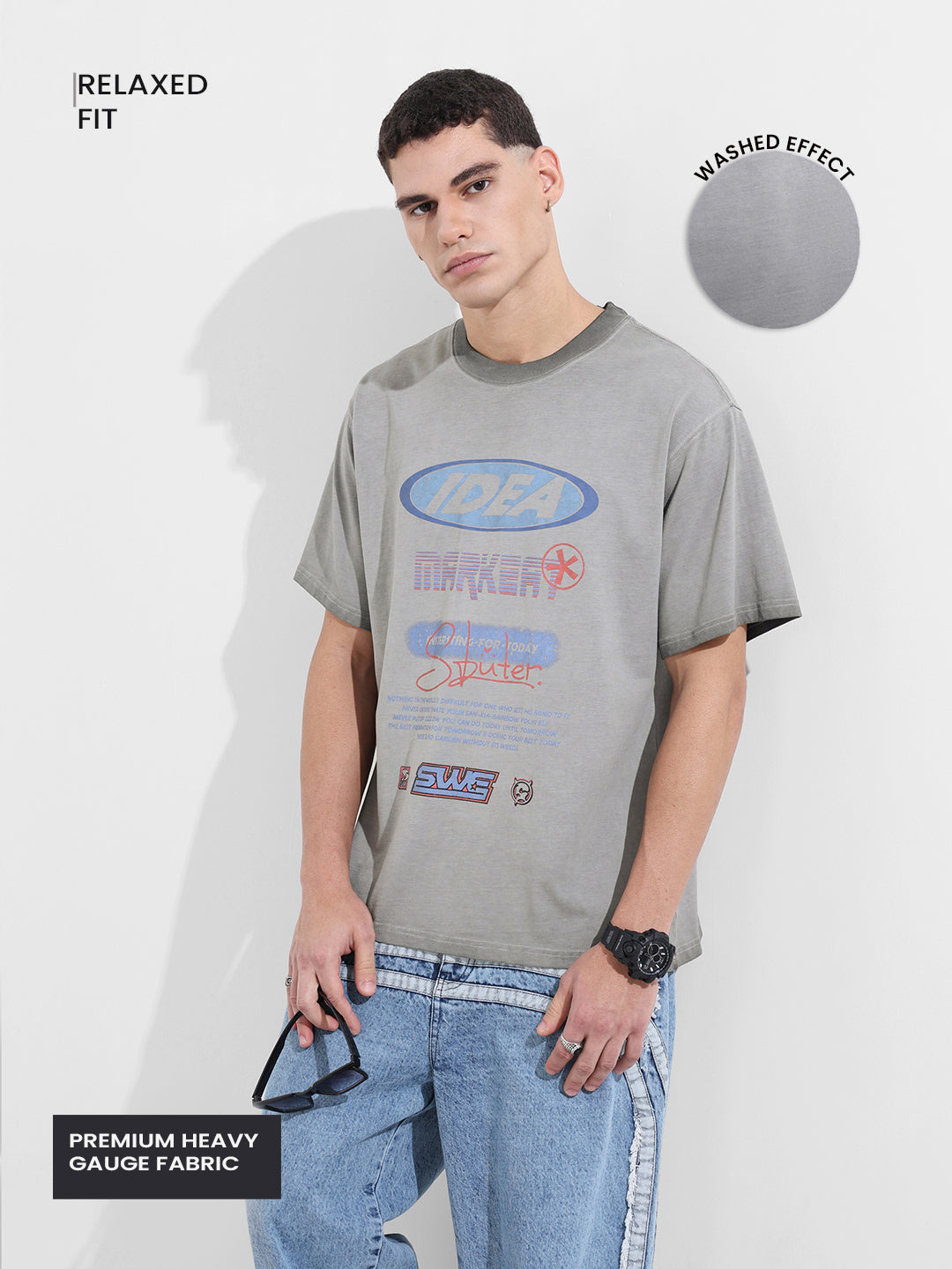 Men's Grey Relaxed Fit Graphic Printed 240 GSM Street Wear T-Shirt