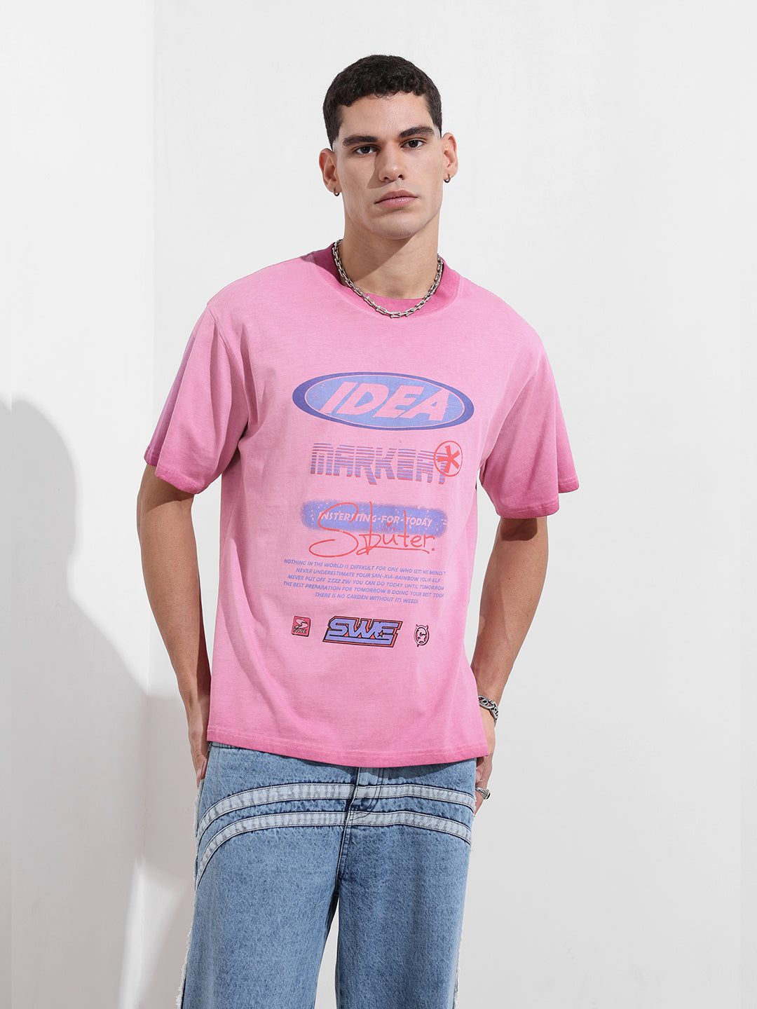 Men's Pink Relaxed Fit Graphic Street Wear T-Shirt