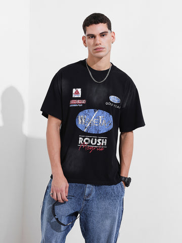 Men's Black Relaxed Fit Graphic Street Wear T-Shirt