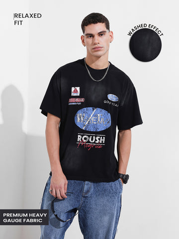 Men's Black Relaxed Fit Graphic Street Wear T-Shirt