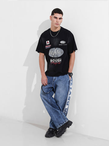 Men's Black Relaxed Fit Graphic Street Wear T-Shirt