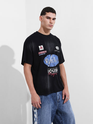 Men's Black Relaxed Fit Graphic Street Wear T-Shirt