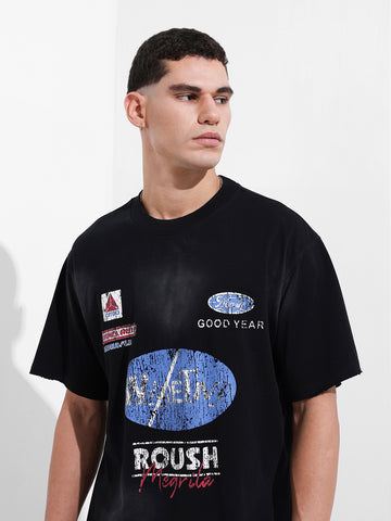 Men's Black Relaxed Fit Graphic Street Wear T-Shirt