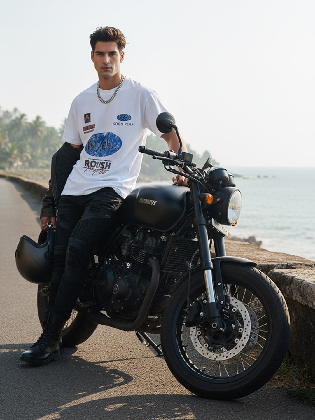 Men's White Relaxed Fit Graphic Printed 240 GSM Street Wear T-Shirt