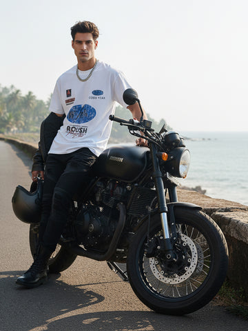 Men's White Relaxed Fit Graphic Printed 240 GSM Street Wear T-Shirt