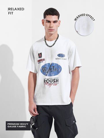 Men's White Relaxed Fit Graphic Printed 240 GSM Street Wear T-Shirt