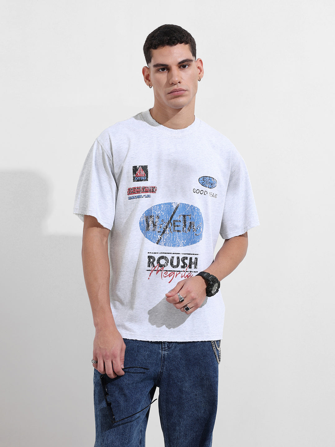 Men's Grey Relaxed Fit Graphic Street Wear T-Shirt