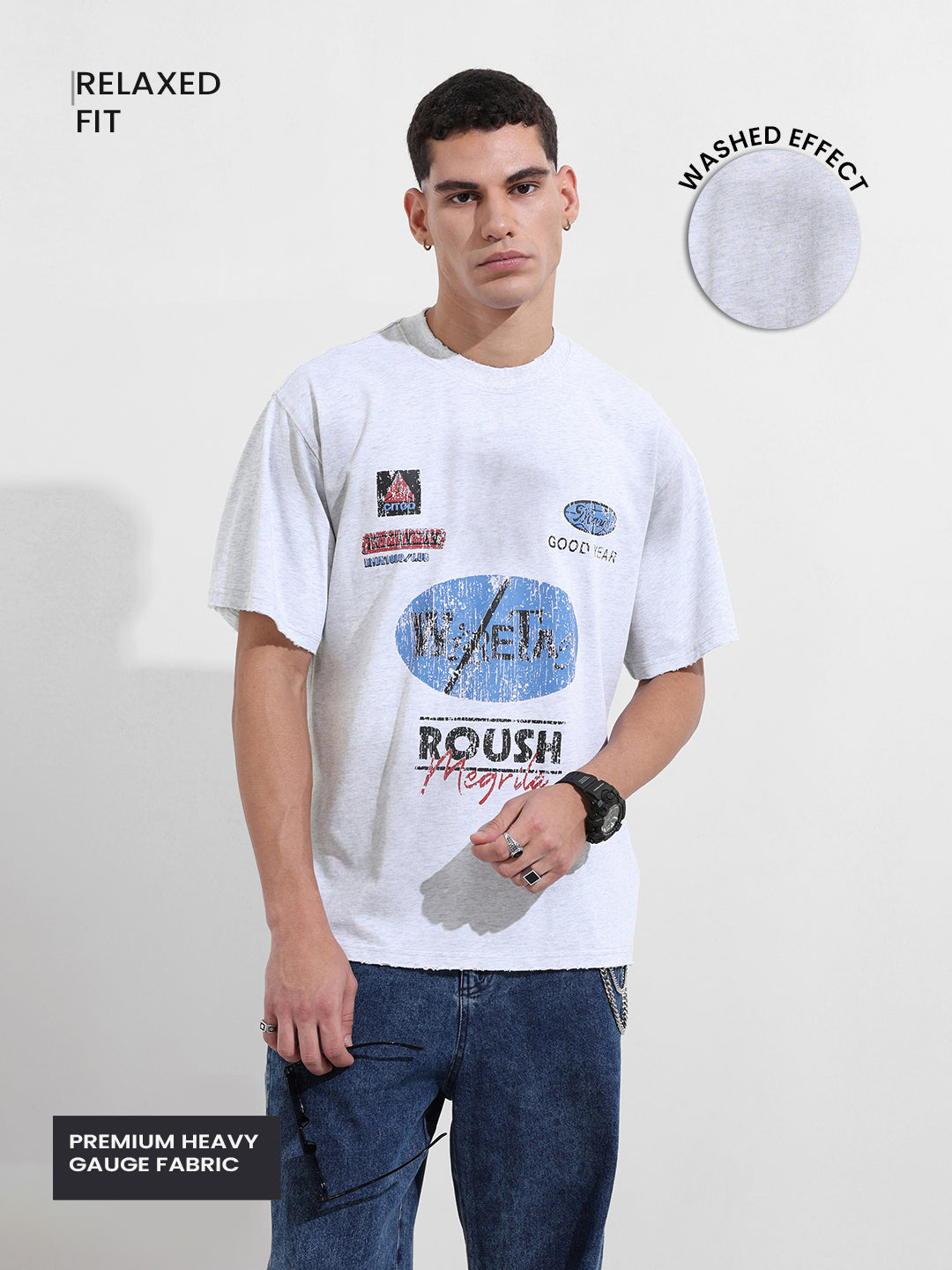 Men's Grey Relaxed Fit Graphic Street Wear T-Shirt