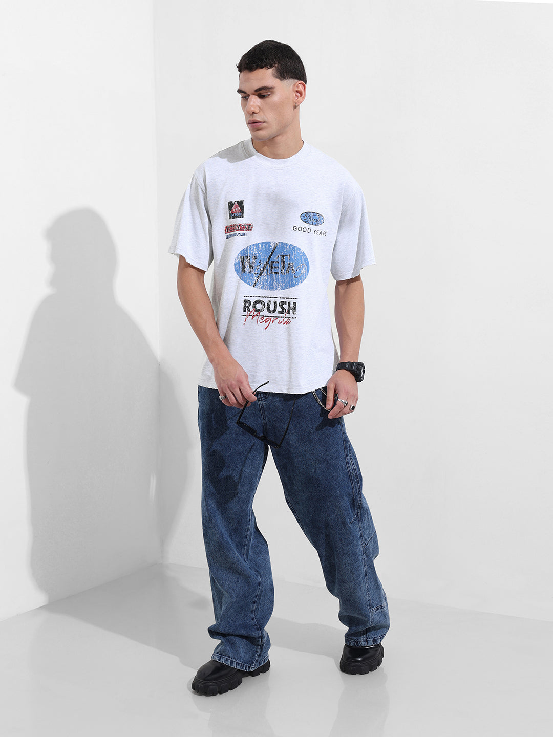 Men's Grey Relaxed Fit Graphic Street Wear T-Shirt