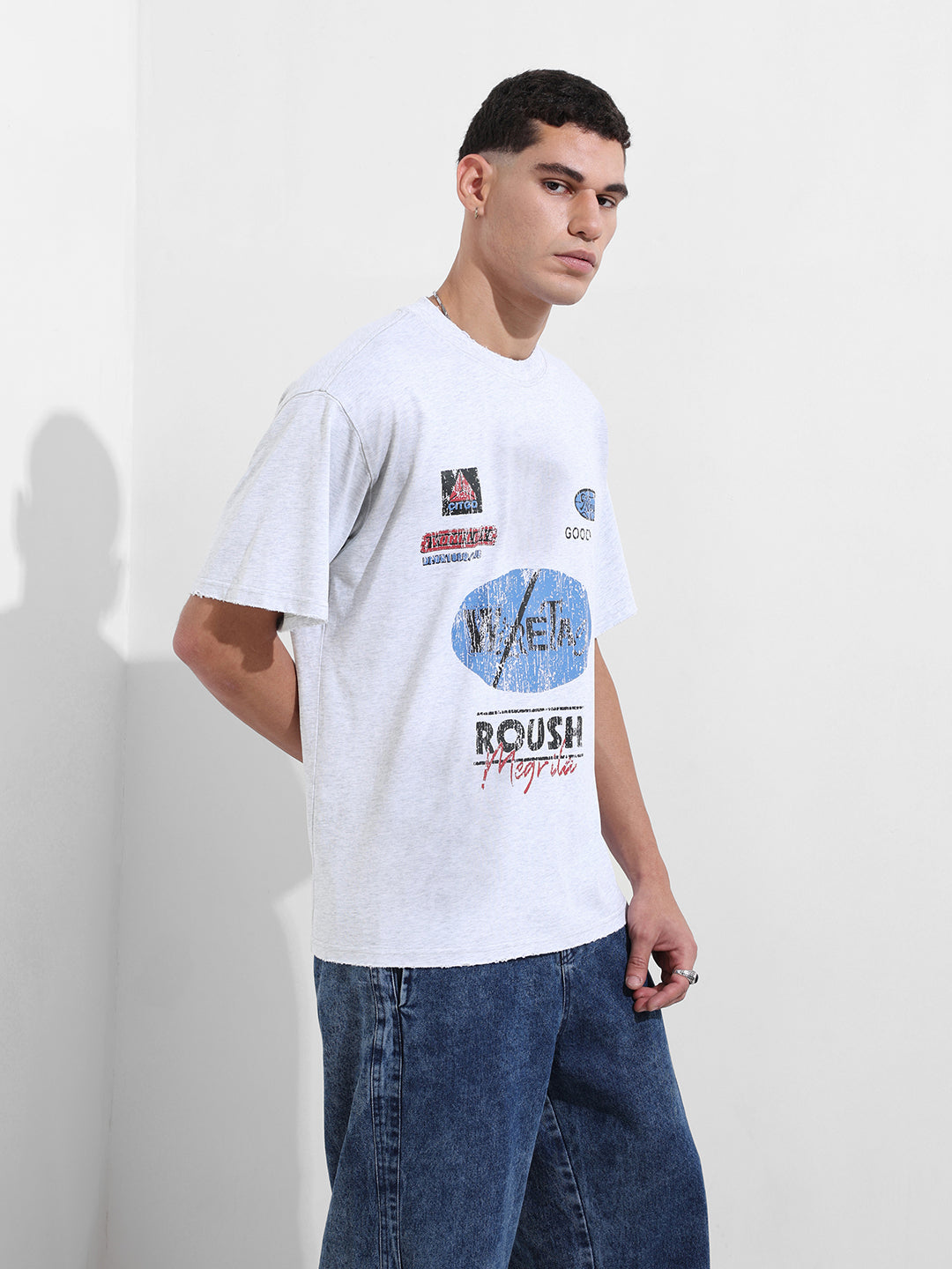 Men's Grey Relaxed Fit Graphic Street Wear T-Shirt