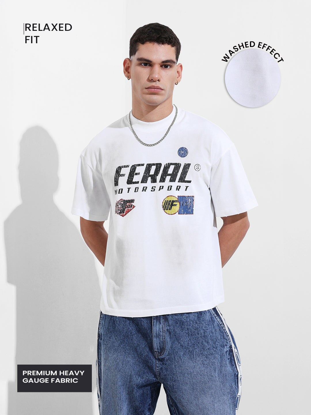 Men's White Relaxed Fit Graphic Printed 240 GSM Street Wear T-Shirt