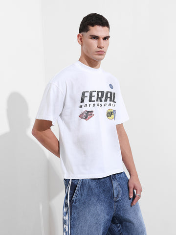 Men's White Relaxed Fit Graphic Street Wear T-Shirt