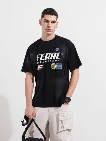 Men's Black Relaxed Fit Graphic Street Wear T-Shirt