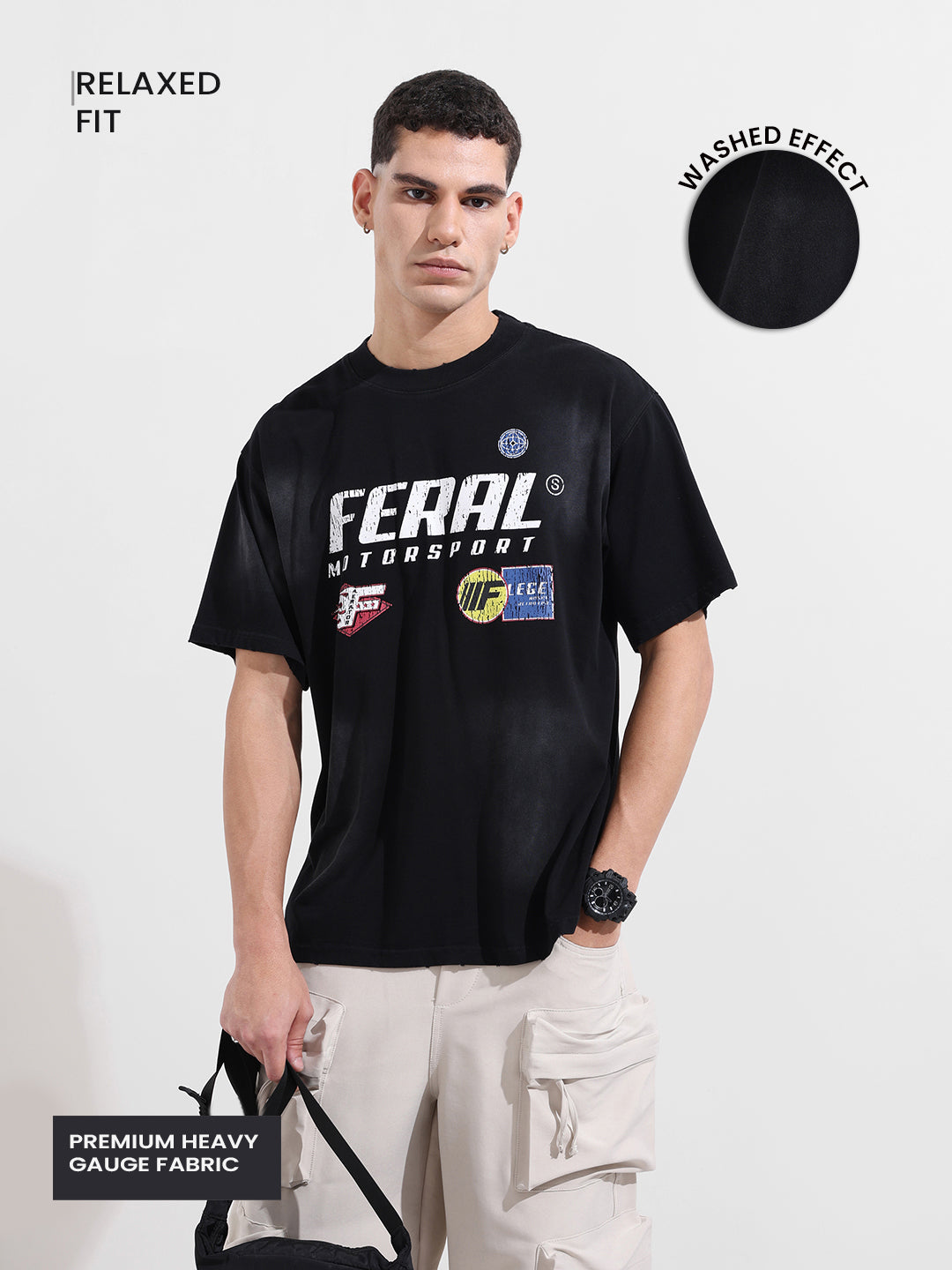 Men's Black Relaxed Fit Graphic Printed 240 GSM Street Wear T-Shirt