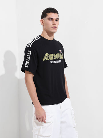 Men's Black Relaxed Fit Graphic Street Wear T-Shirt