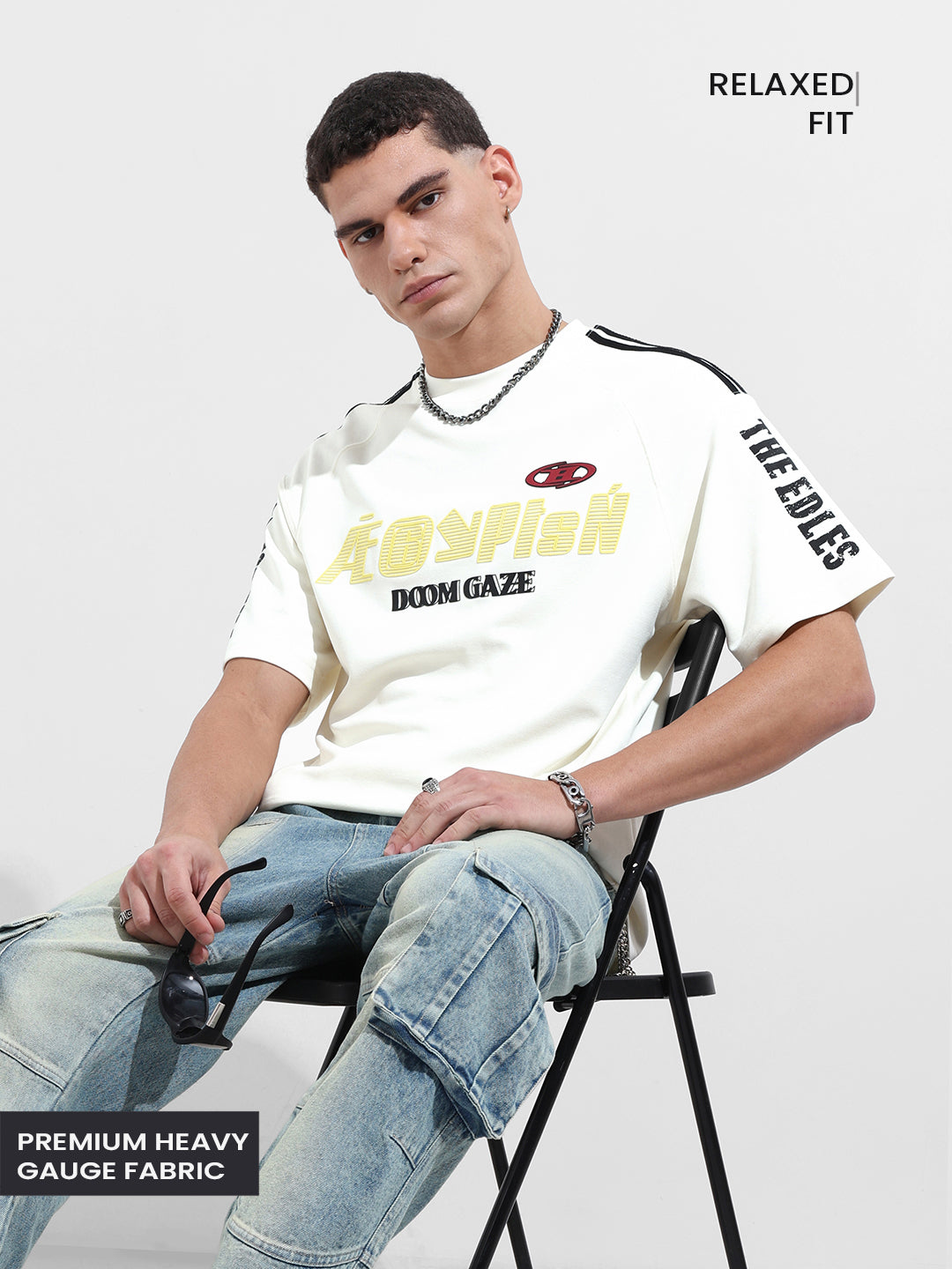 Men's Cream Relaxed Fit Graphic Street Wear T-Shirt