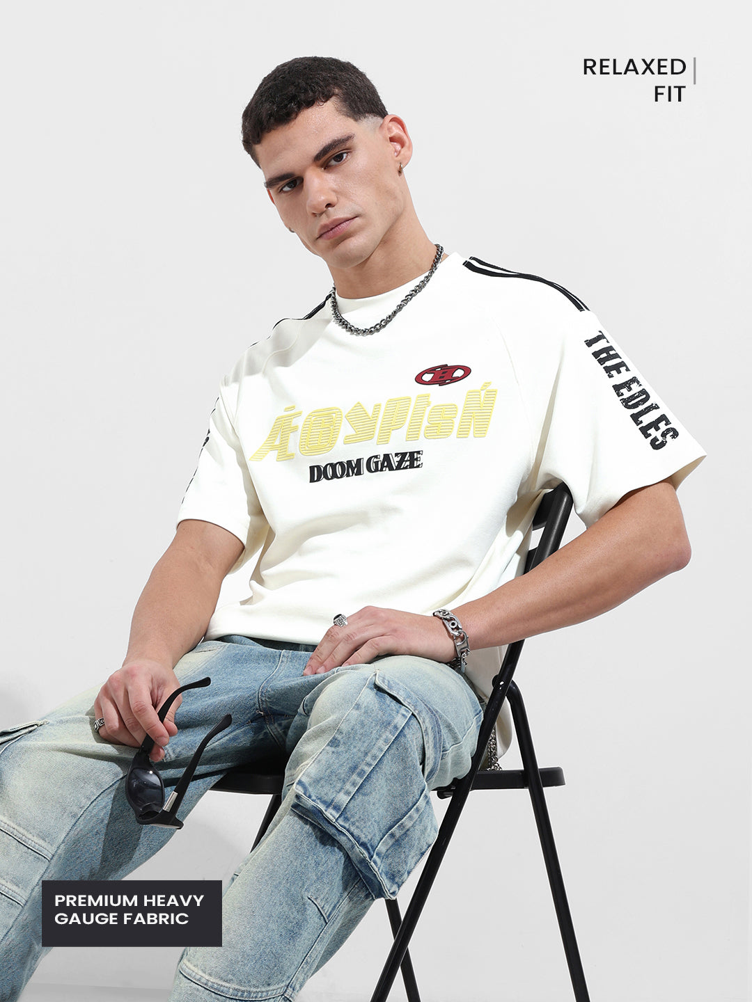 Men's Cream Relaxed Fit Graphic Street Wear T-Shirt