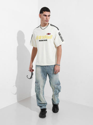 Men's Cream Relaxed Fit Graphic Street Wear T-Shirt