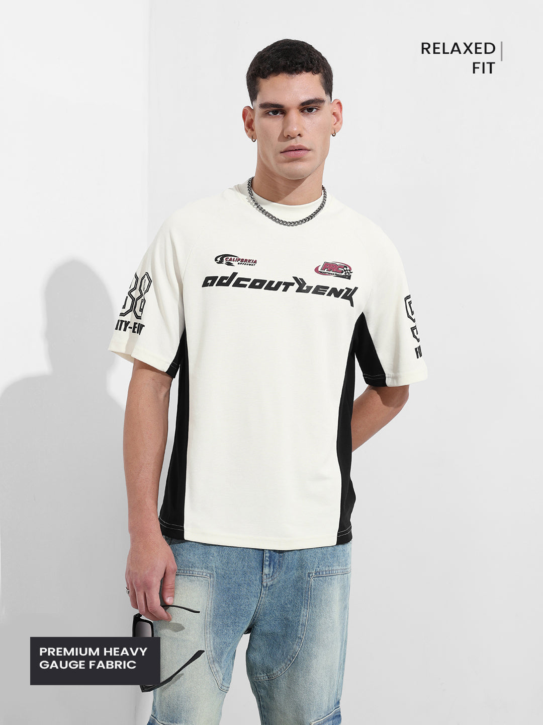 Men's Cream Relaxed Fit Graphic Street Wear T-Shirt