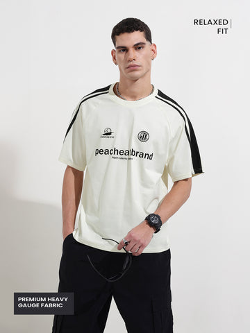 Men's Cream Relaxed Fit Graphic Printed 240 GSM Street Wear T-Shirt