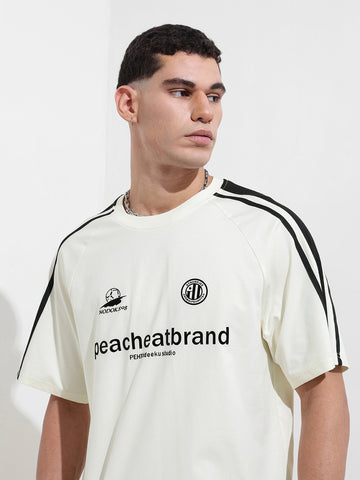 Men's Cream Relaxed Fit Graphic Street Wear T-Shirt