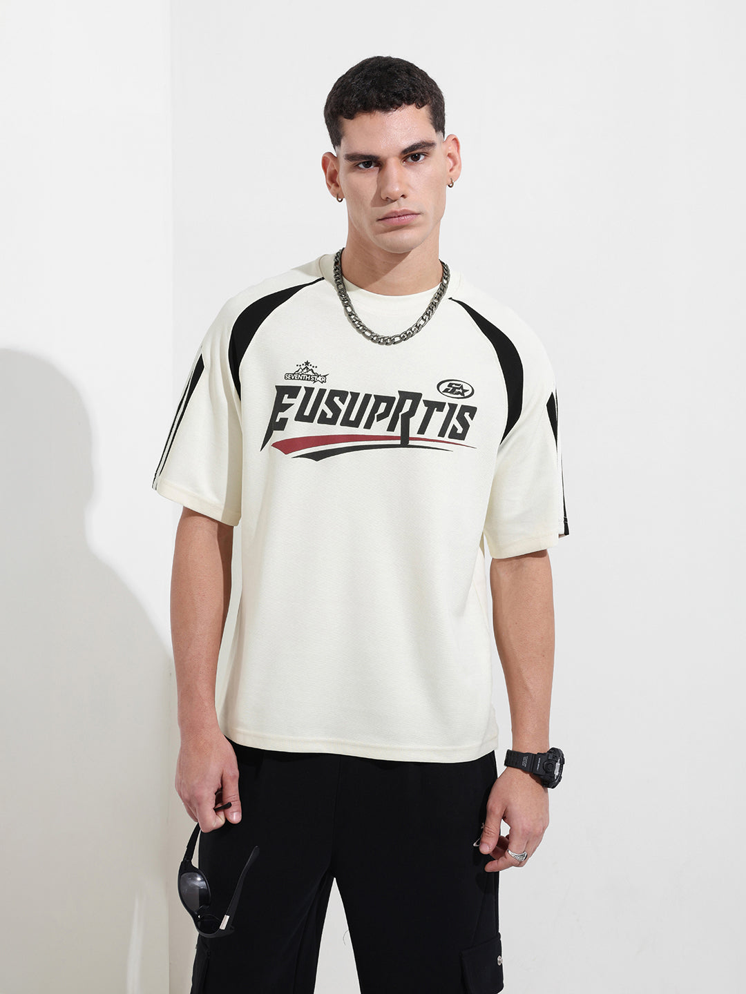 Men's Cream Relaxed Fit Graphic Street Wear T-Shirt
