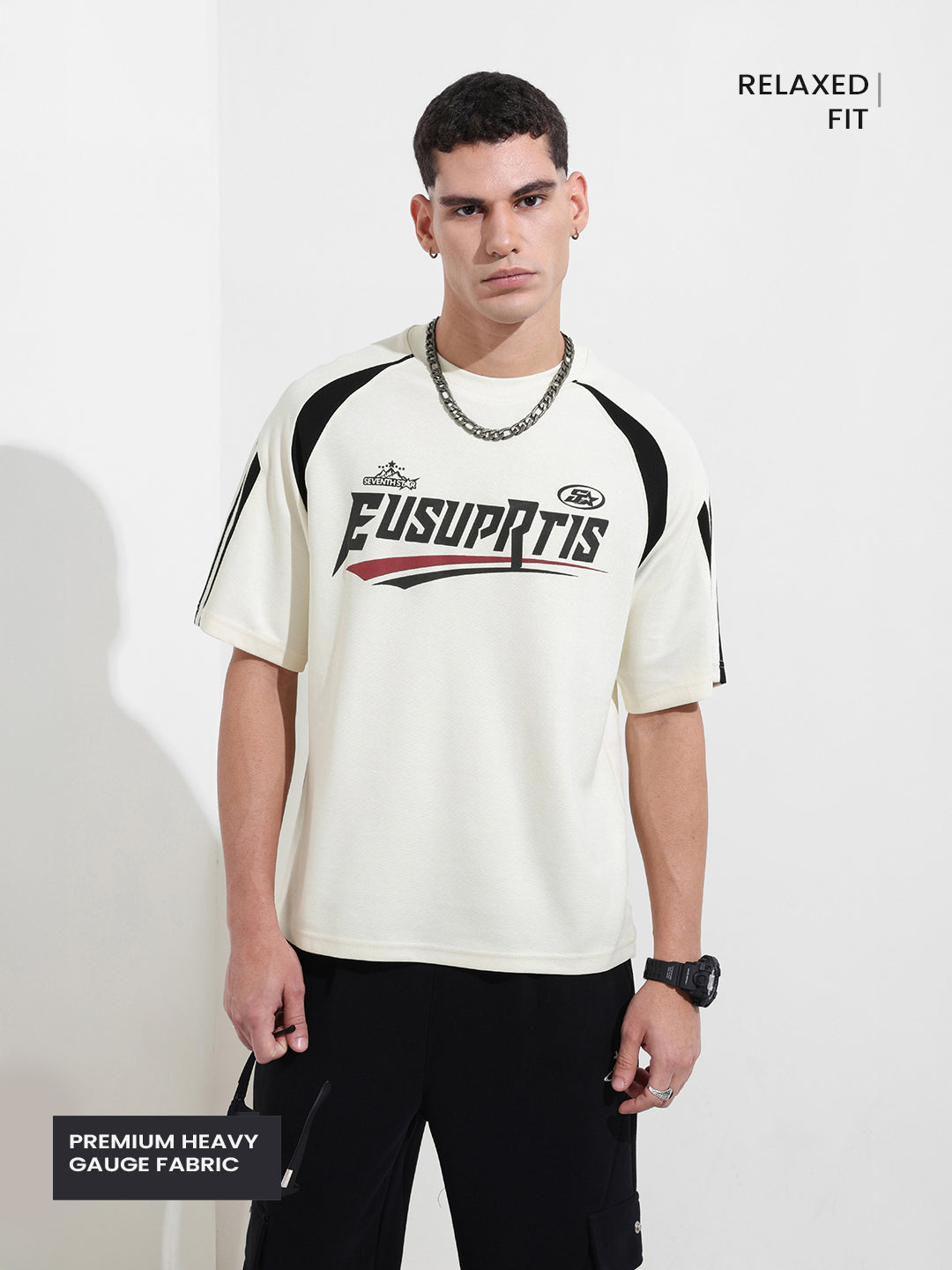 Men's Cream Relaxed Fit Graphic Street Wear T-Shirt