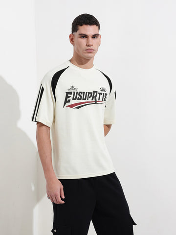 Men's Cream Relaxed Fit Graphic Street Wear T-Shirt