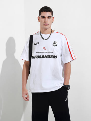 Men's White Relaxed Fit Graphic Street Wear T-Shirt