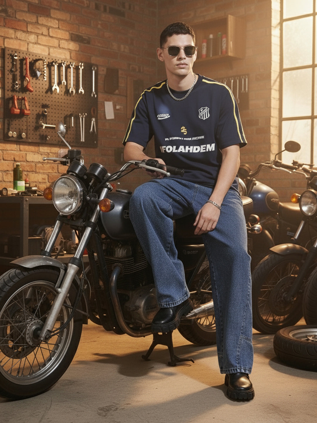 Men's Blue Relaxed Fit Graphic Printed 240 GSM Street Wear T-Shirt