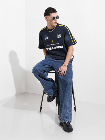 Men's Blue Relaxed Fit Graphic Printed 240 GSM Street Wear T-Shirt