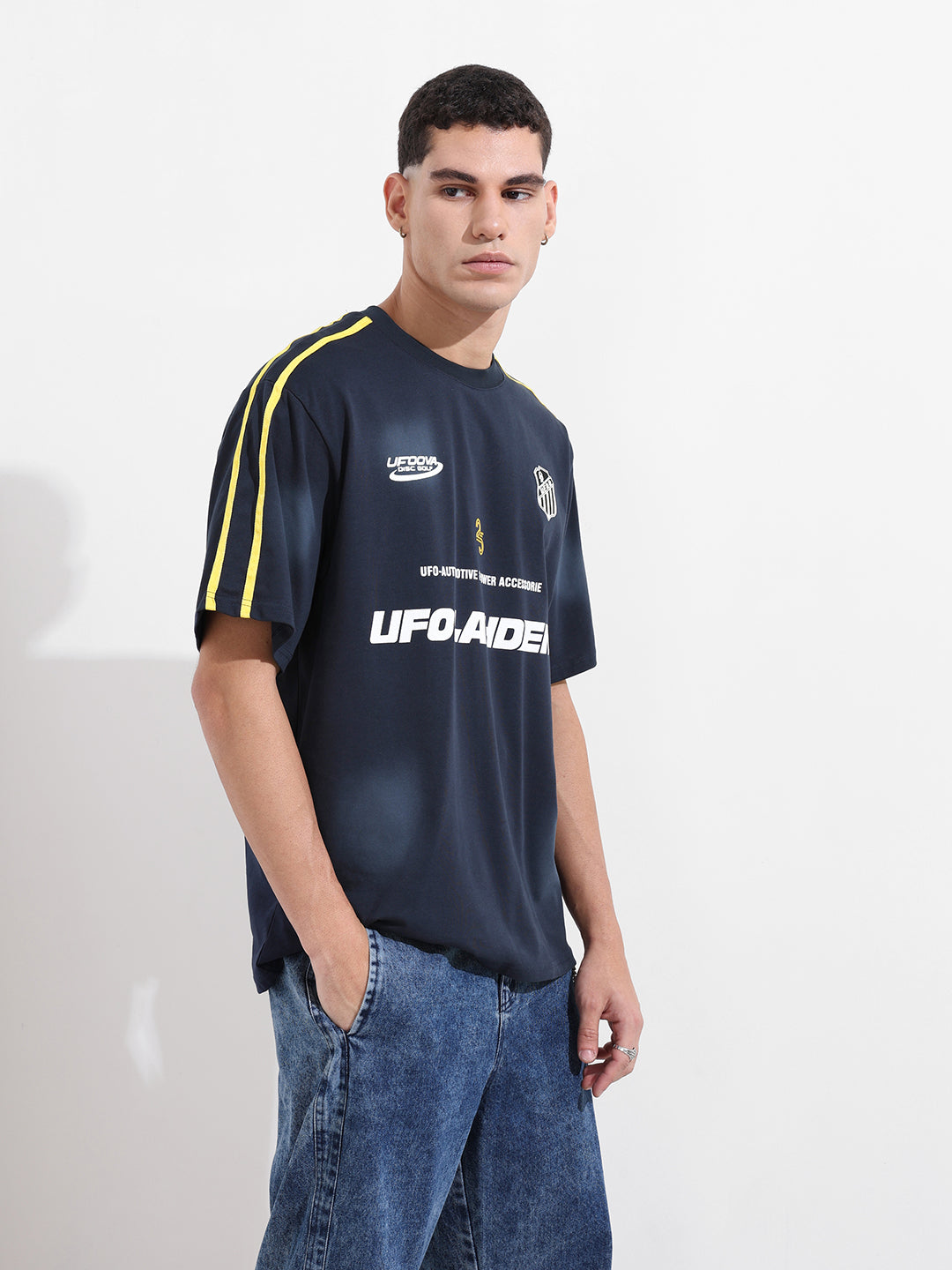 Men's Blue Relaxed Fit Graphic Street Wear T-Shirt