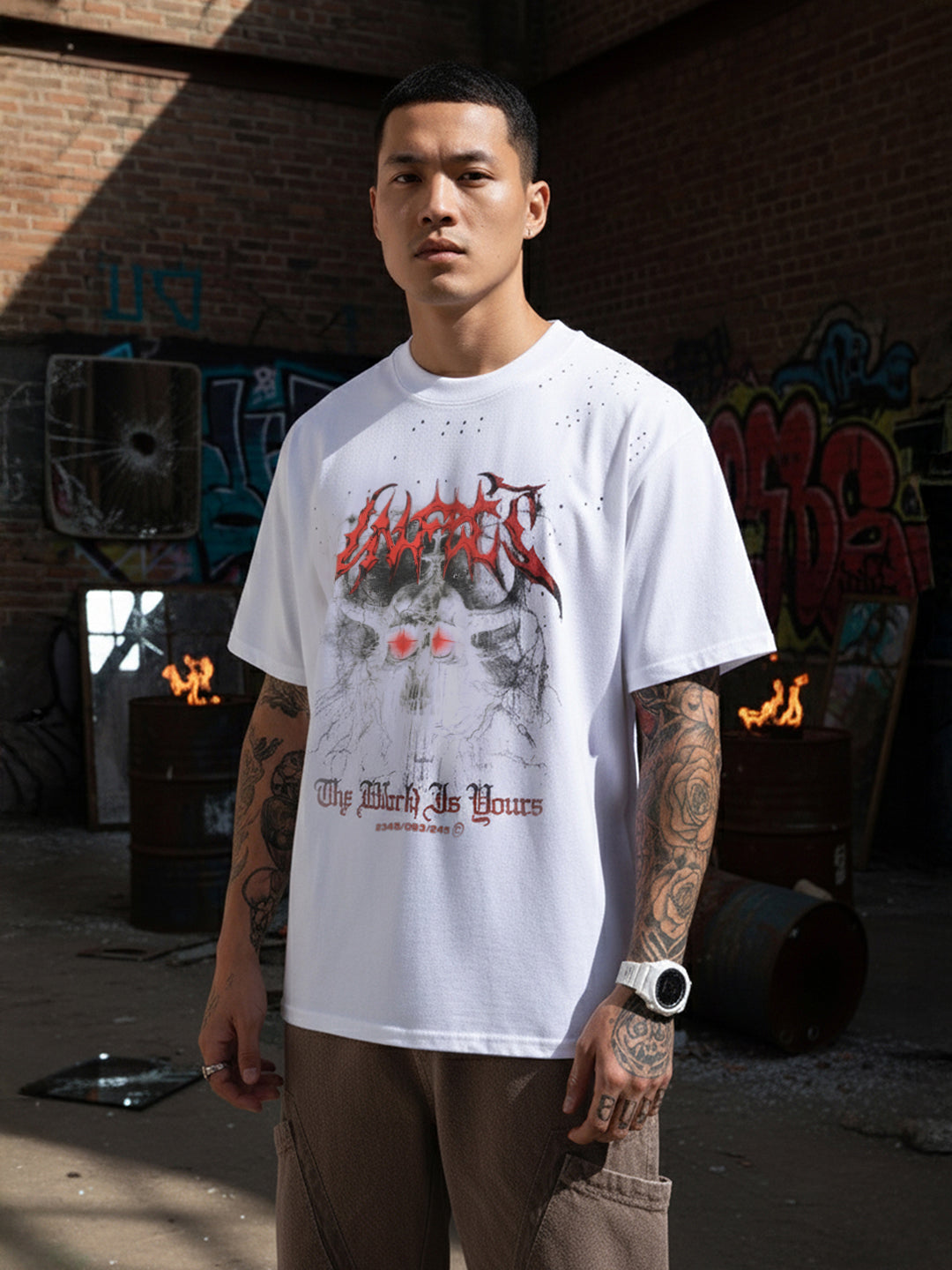 Men's White Relaxed Fit Graphic Printed 240 GSM Street Wear T-Shirt