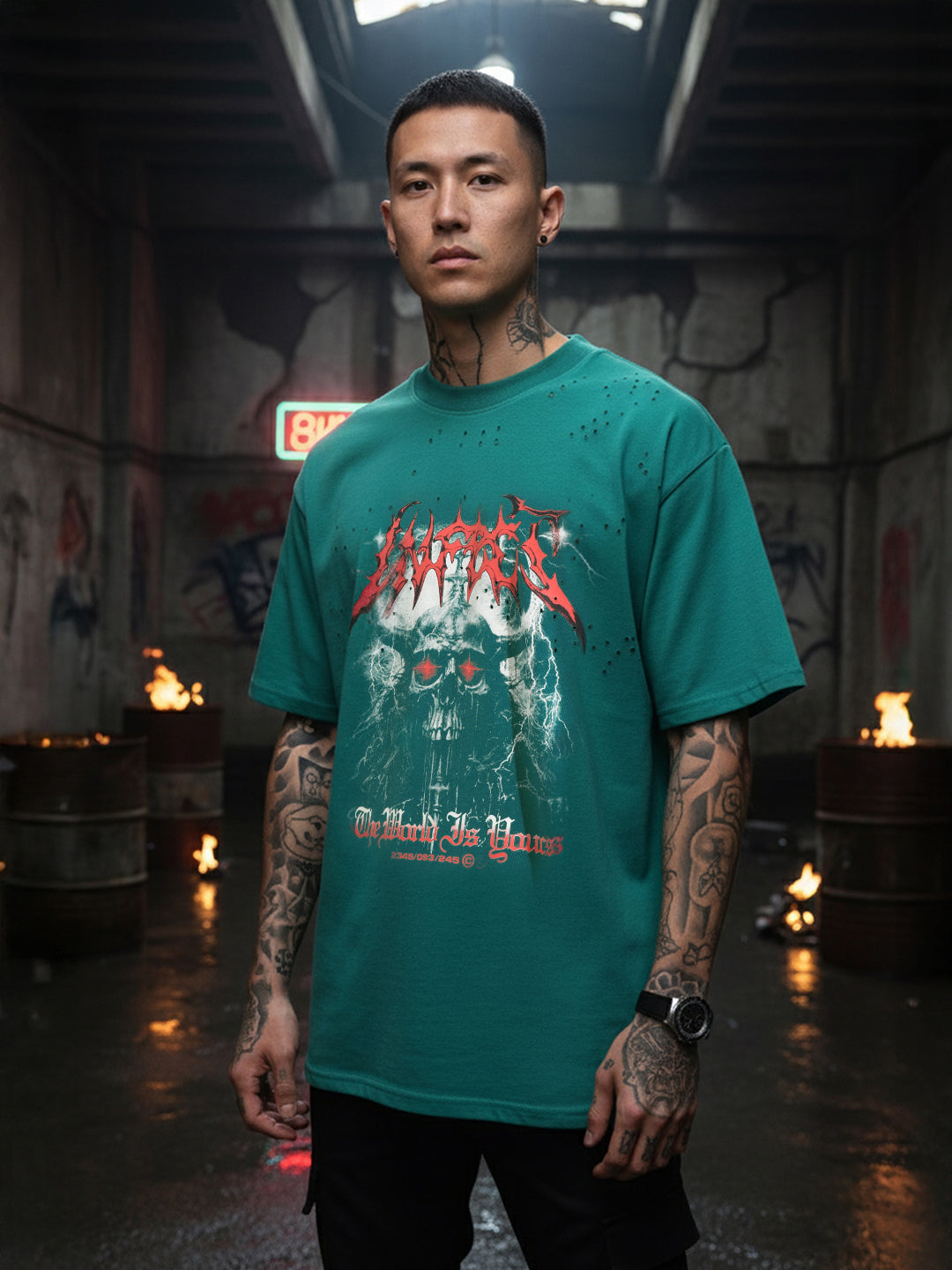 Men's Green Relaxed Fit Graphic Printed 240 GSM Street Wear T-Shirt