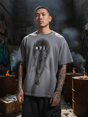 Men's Grey Relaxed Fit Graphic Printed 240 GSM Street Wear T-Shirt