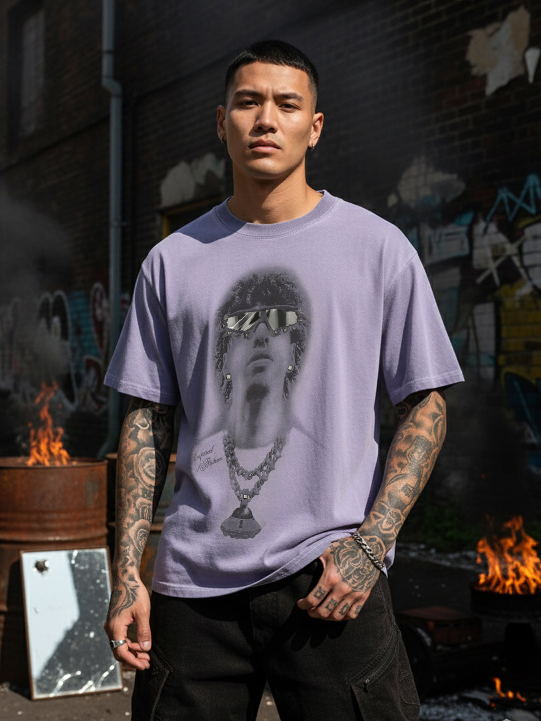 Men's Purple Relaxed Fit Graphic Printed 240 GSM Street Wear T-Shirt