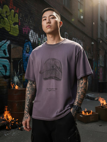 Men's Purple Relaxed Fit Graphic Printed 240 GSM Street Wear T-Shirt