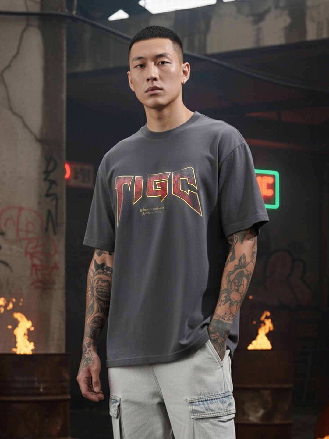 Men's Grey Relaxed Fit Graphic Printed 240 GSM Street Wear T-Shirt