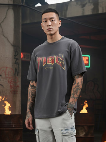 Men's Grey Relaxed Fit Graphic Printed 240 GSM Street Wear T-Shirt
