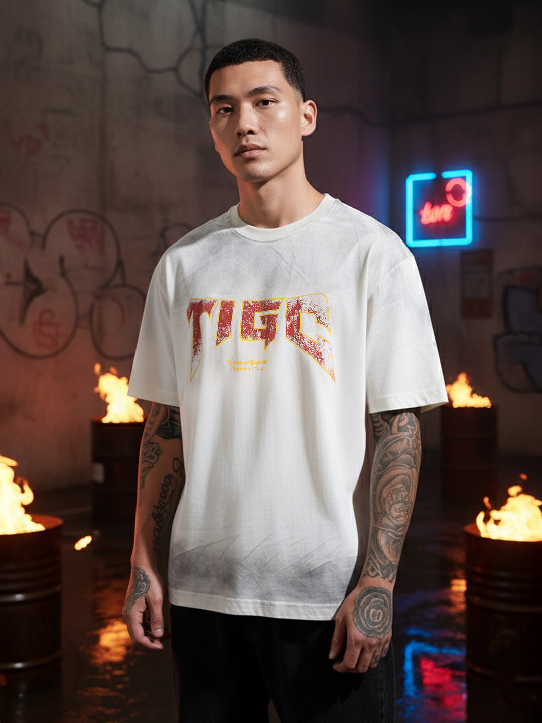 Men's Cream Relaxed Fit Graphic Printed 240 GSM Street Wear T-Shirt