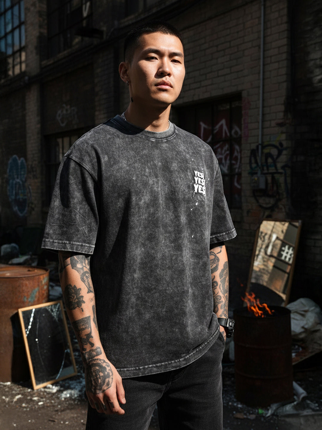Men's Black Relaxed Fit Graphic Printed 240 GSM Street Wear T-Shirt