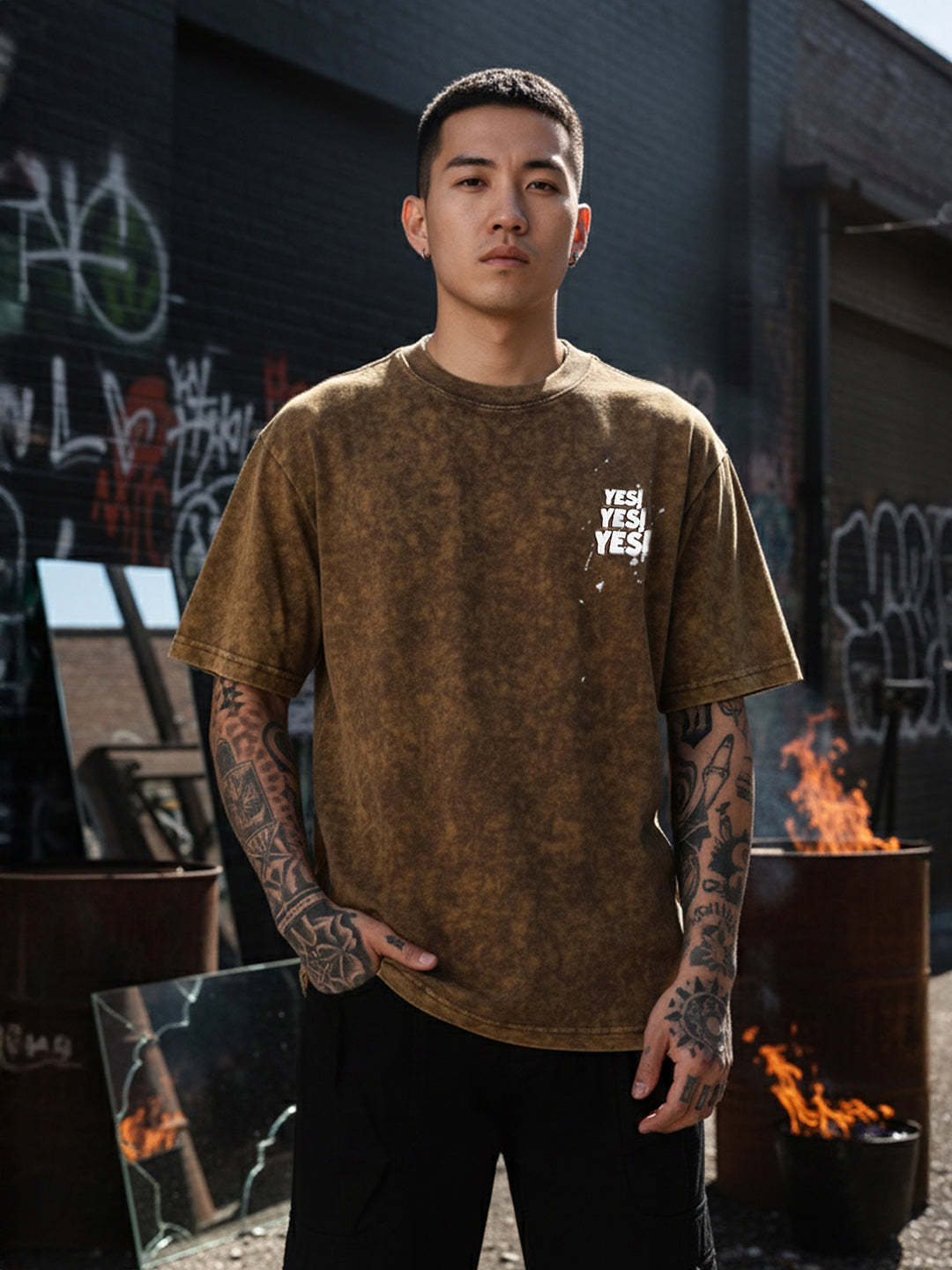 Men's Yellow Relaxed Fit Graphic Printed 240 GSM Street Wear T-Shirt