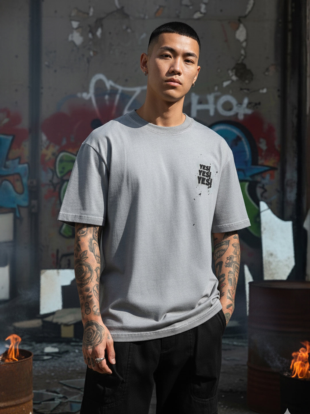 Men's Grey Relaxed Fit Graphic Printed 240 GSM Street Wear T-Shirt