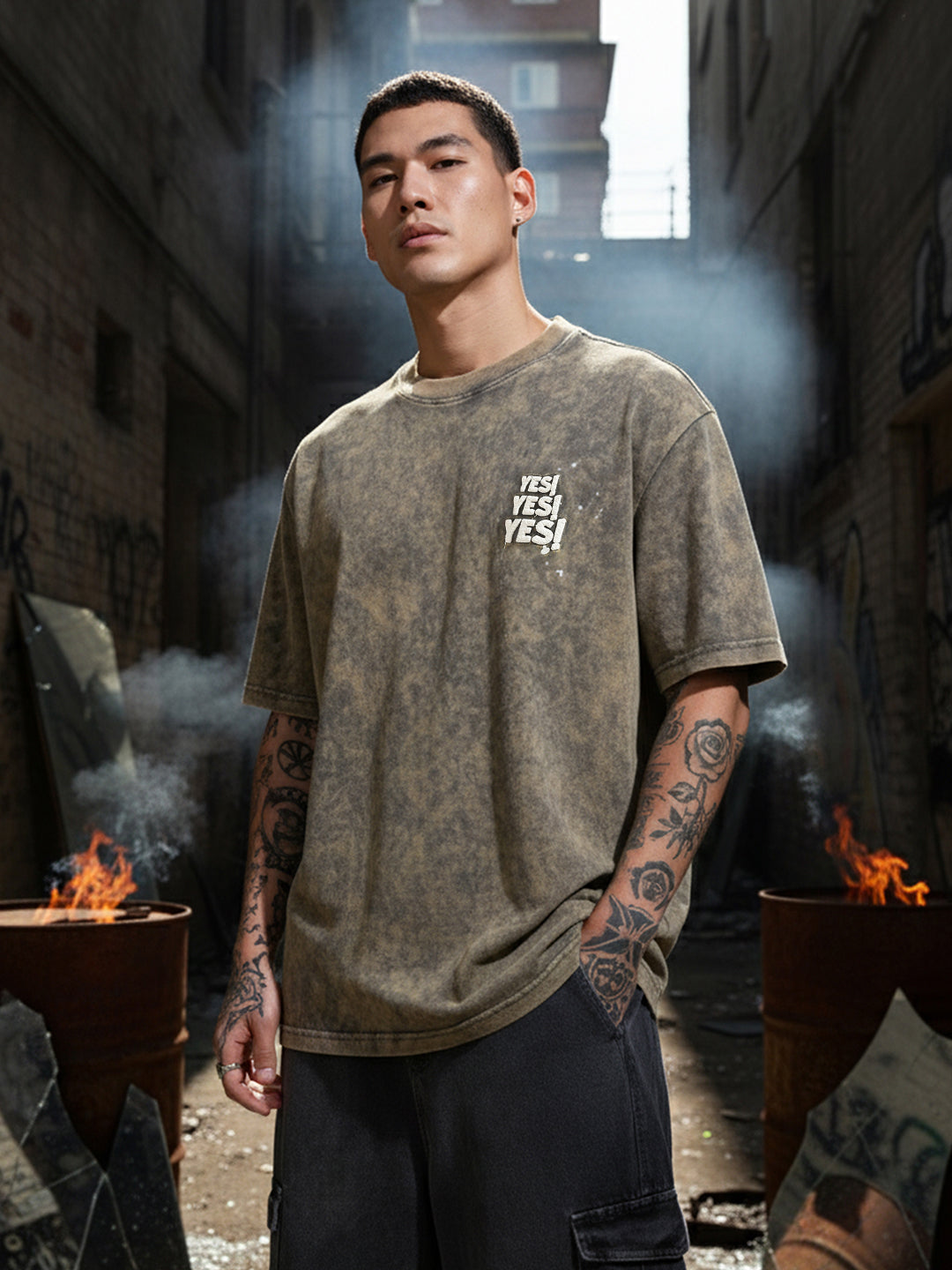 Men's Green Relaxed Fit Graphic Printed 240 GSM Street Wear T-Shirt